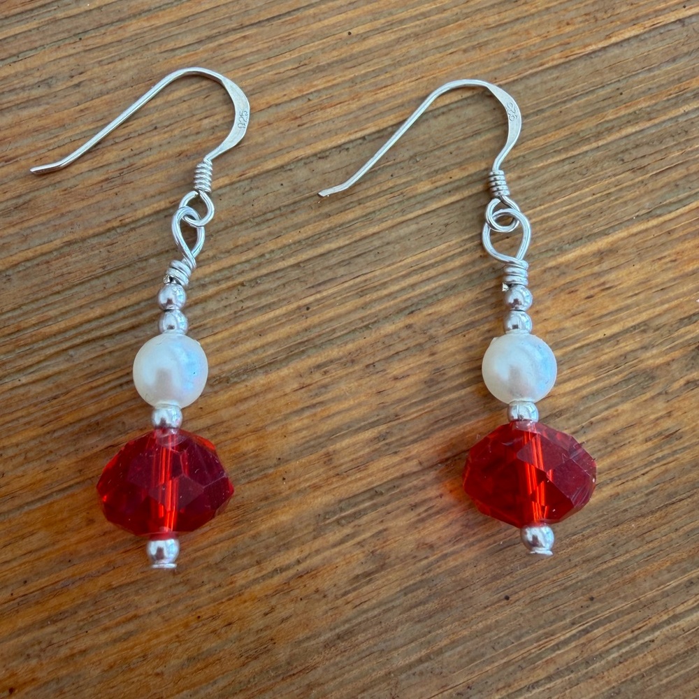 Faceted Red Crystal & Pearl Handmade Earrings on 925 Sterling Silver Hooks